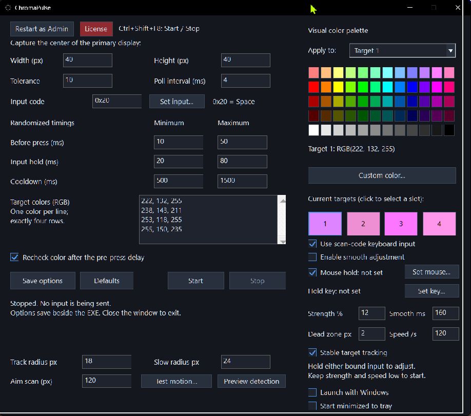 ChromaPulse settings window showing default colors, keyboard binding and timing ranges